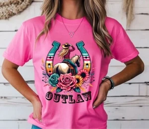 Outlaw Shirt, NWT, Size L, Western tee, Country , Cowgirl, Graphic, Horse Shoe - Picture 1 of 5