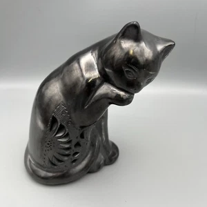 Mexican Shiny Black Pottery Cat Figure Barro Negro Folk Art Clay Carved 6” - Picture 1 of 8