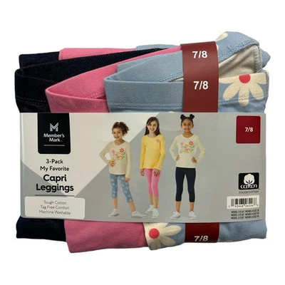 Paquete de 3 leggings capri favoritos para niñas Member Mark (azul/rosa/margarita, 10/12) Foto 1 de 2