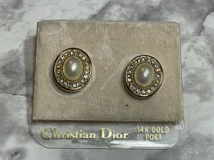 Vintage Christian Dior Oval Faux Perle Strass 14k Gold Ohrstecker Ohrringe - Bild 1 von 6