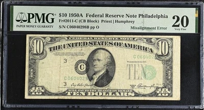 Misalignment Error 1950 A $10 Federal Reserve Note PMG 20 Major Shift Error - Image 1 of 2