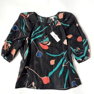 Rebecca Taylor Womens 10 Bloom Blouse 3/4 Sleeve Black Floral Sheer Print Silk - Picture 1 of 6