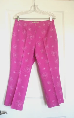 Calça Longa DAVID BROOKS Algodão Cor Rosa Profunda Bordada Floral Tamanho 10P Nova Com Etiqueta! - Imagem 1 de 4