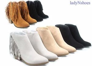 NEU Damen Cowboy Fransen spitz zulaufend niedriger hoher Absatz Stiefeletten Größe 5-11 - Bild 1 von 11