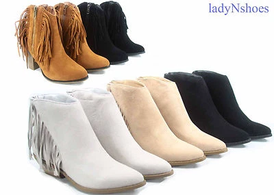 NEW Women's  Cowboy Fringe Pointed Toe Low High Heel Ankle Booties Size 5 - 11 - Image 1 of 2