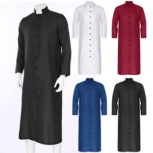DE Mens Long Sleeve Clergy Robe Button Maxi Robe Stand Collar Minister Costume - Picture 1 of 56