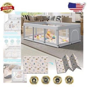 Sturdy Indoor & Outdoor Baby Play Yard - 74" × 50" with Waterproof Mat - Picture 1 of 9
