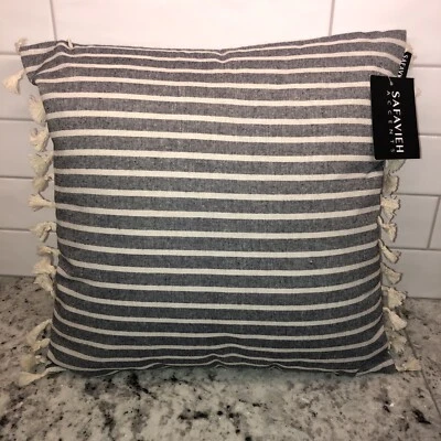 SAFAVIEH Grenna Charcoal Gray Cream Ivory Striped Pillow Grey Tassels Zip 16X16 - Image 1 of 4