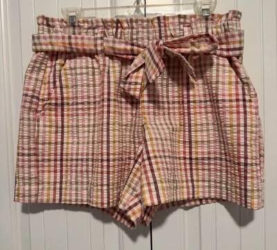 Ann Taylor Loft Women’s Pink Plaid High Rise Paper bag Belted Shorts Size M - Image 1 of 4