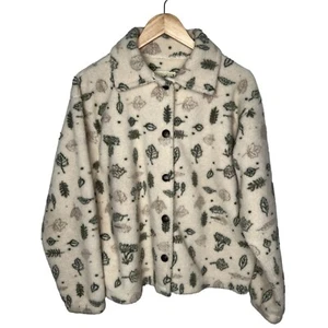Eddie Bauer Vintage 90's M Button Front Fleece Jacket Leaf Print Cream Green - Picture 1 of 6