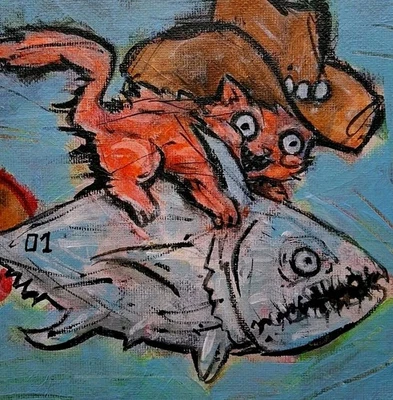 Americana Animal Outsider Painting Graffiti Folk Art 8x10 Cowboy Cat Rocket Fish - Image 1 of 4