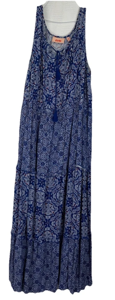 Maxi Vestido Mujer Plus Boho Azul Geométrico Talla 2X Borla en Niveles Foto 1 de 4