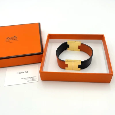 Autêntica pulseira Hermes Lurie couro GD laranja e preto com caixa BA120043 - Imagem 1 de 4