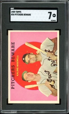 1959 Topps #34 Al Kaline/Charlie Maxwell Pitchers Beware Tigers Salón de la fama SGC 7 casi nuevo Foto 1 de 2