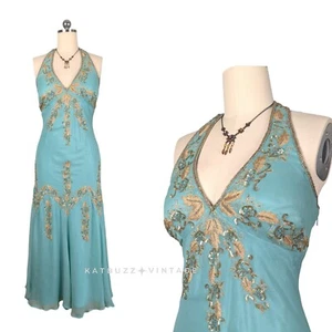 Papell Silk Maxi Dress Prom Gown 16 Green Y2K Fairy Flapper Grunge Bead Glam - Picture 1 of 21