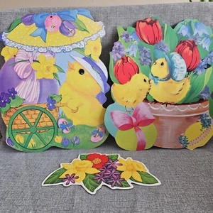 Lot 3 VTG Easter Spring Die Cut Cardboard Decorations Chicks Chickens Flowers - Picture 1 of 8
