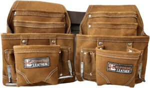 2PC 10 Pocket Suede Leather Tool Pouch Set with Leather Tool Belt