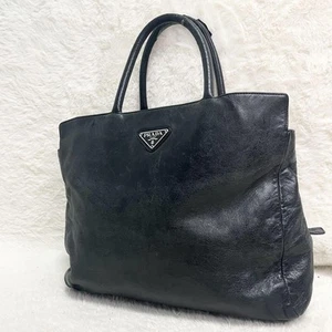 Prada Nappa Leather Tote Bag Black Triangle Logo Large Capacity Unisex Used - Picture 1 of 14