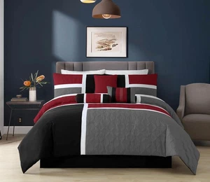 Chezmoi Collection 7-Piece Quilted Patchwork Comforter Set, Red/Gray/Black, Q... - Picture 1 of 8