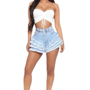 denim shorts with trendy fringed edges Women's light-colored high-waisted - Picture 1 of 5