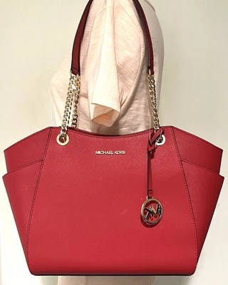Bolso de Hombro Michael Kors Jet Set Viaje Cadena Grande Cuero Rojo Saffiano Foto 1 de 4