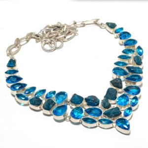 Raw Apatite Blue Topaz Quartz Silver Plated Gemstone Necklace Jewelry 18" - Picture 1 of 1