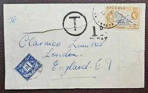 1955 Nigeria 2d on Cover with 1d Postage Due to Clarnico, London - Picture 1 of 2