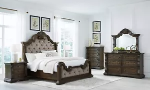 NEW King Queen 5PC Upholstered Bedroom Set Traditional Walnut Brown Bed/D/M/N/C - Picture 1 of 19
