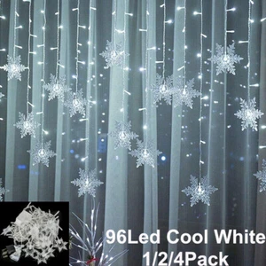 96 LED Snowflake Fairy Curtain String Lights Hanging Ornament Xmas Party Decor - Picture 1 of 12
