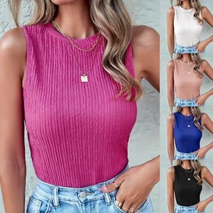 Womens High Neck Tank Top 2024 Summer Casual Ribbed Knit Slim Fitted Basic ZF - Picture 1 of 39