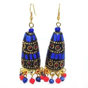 Tibetan Jumki Lapis & Coral Gemstone Gold Plated Nepali Handmade Earrings - Picture 1 of 3