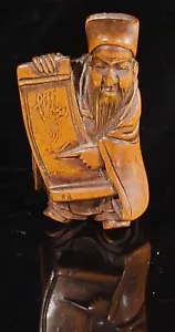 Antique Japanese Netsuke Boxwood Wiseman Scholar With Scroll Unsigned c 19th - Picture 1 of 7