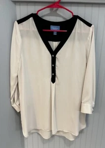 Simply Vera Wang Cream/Black Blouse Long Sleeves Button V-neck & Cuff Size M - Picture 1 of 8