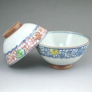 Kyo Kiyomizu yaki ware Pair Japanese Chawan Rice Bowl Unkin Sometsuke Akae Japan - Picture 1 of 3