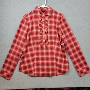 Talbots Womens Popover Top Size 14 Blouse Button Up Ruffle Plaid Red Cream - Picture 1 of 9
