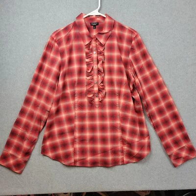 Talbots Womens Popover Top Size 14 Blouse Button Up Ruffle Plaid Red Cream - Image 1 of 4