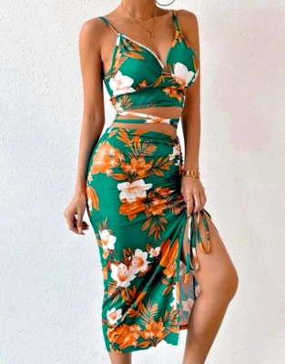 Conjunto de dos piezas para mujer - estampado floral de playa tropical, top y falda, talla mediana Foto 1 de 4