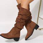 Women's Round Toe Low Square Heel Pleated Sleeves Fashion Mid-calf Boots