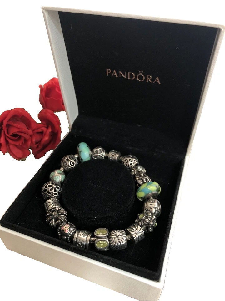 PANDORA Sterling 925 Mom, Medic symbol, Crown 16 Charms 2 stopper Bracelet 6 3/4 - Image 1 of 4