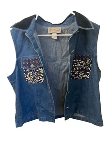 STONEBRIDGE Womens L Denim Vest Floral Pockets Metal Buttons Velvet Collar Y2K - Picture 1 of 13