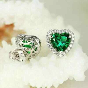 3Ct Heart Cut Lab-Created Diamond Emerald Stud Earrings 14K White Gold Plated - Picture 1 of 9