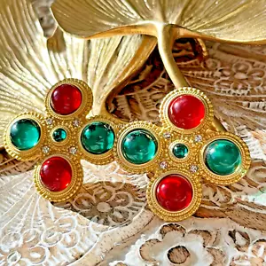 NUOVISSIMO Orecchino Vintage Placcato Oro Resina Palo Argento Rosso/Verde - Foto 1 di 3