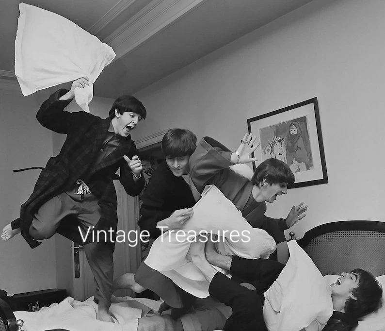 The Beatles have a Pillow Fight Photo Print Poster John Paul George Ringo - Image 1 of 1