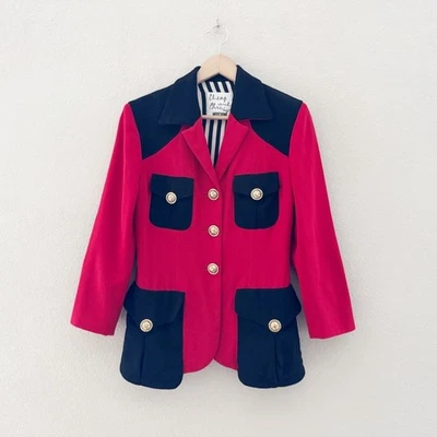 Moschino Vintage Blazer 10 Red Black Cheap Chic Wool 80s Military Italy Designer - Image 1 of 4
