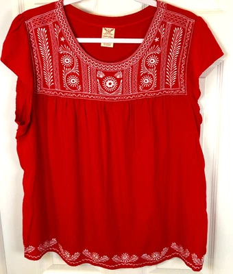 Faded Glory Blouse Womens Jr Sz XXL (20) Red Floral Embroider Relaxed Boho Top - Image 1 of 4