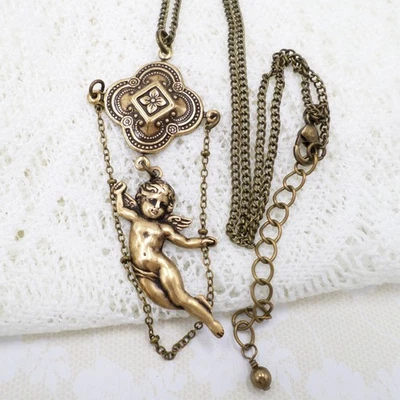 Ожерелье с подвеской в виде ангела-херувима, антикварная латунь винтажный стиль ювелирные изделия ручной работы - Изображение 1 из 4