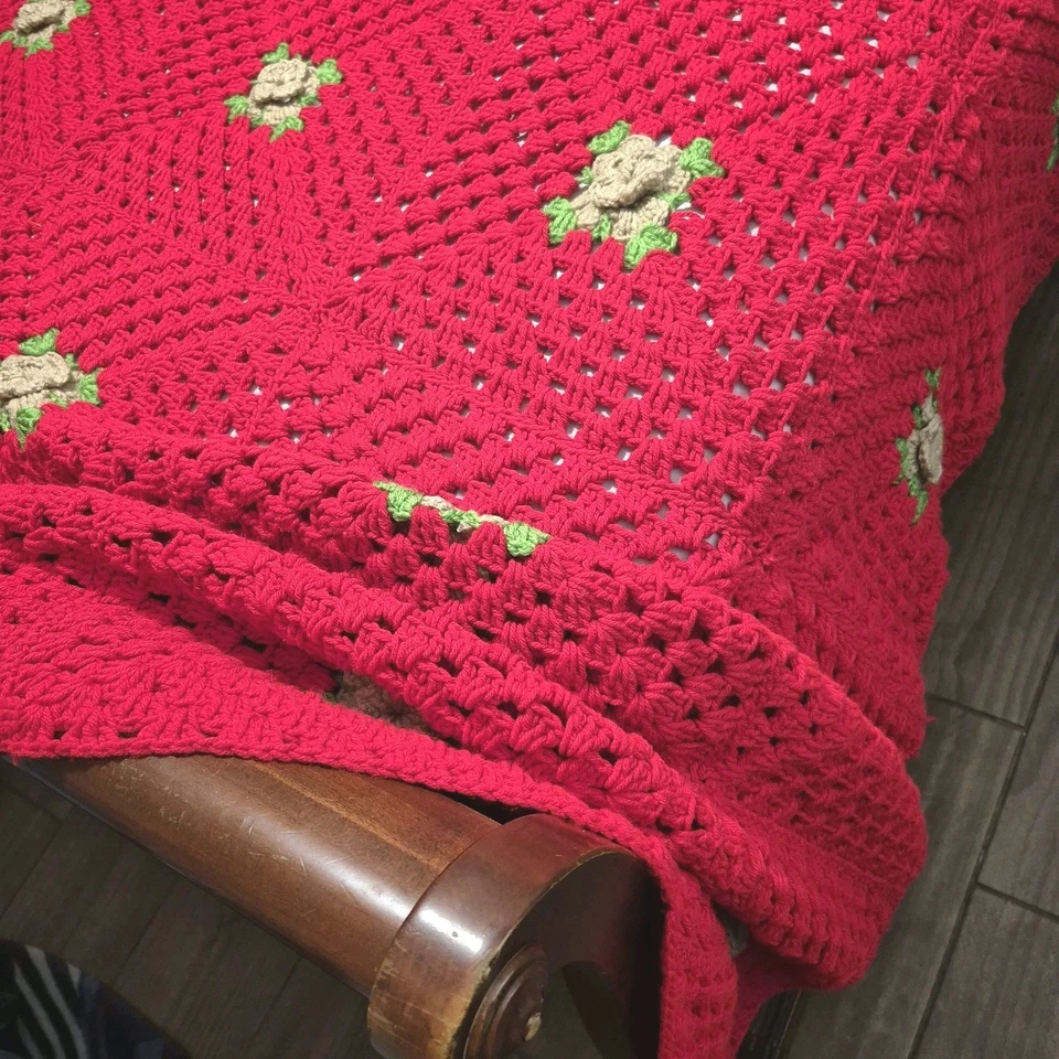 VTG Crochet Rose Afghan Throw Blanket 3D Granny Amber Rose Festive Red 108x78 - Image 1 of 4