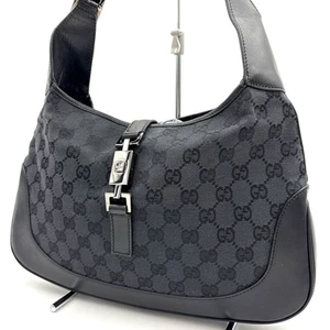 GUCCI Jackie Shoulder Bag GG Canvas Leather Black Handbag Purse Authentic Used - Picture 1 of 13