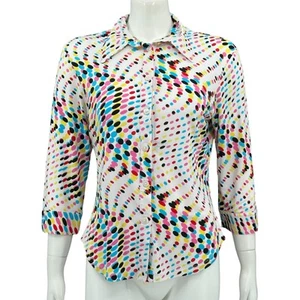 Lior Paris Top Womens Medium White Multi Button Up Stretch Office Colorful Artsy - Picture 1 of 7