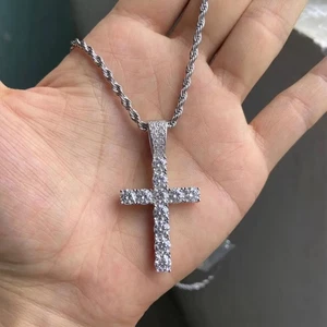 3.2Ct Cut Lab Created Diamond Cross Men's Necklace Pendant 14K White Gold Plated - Picture 1 of 6